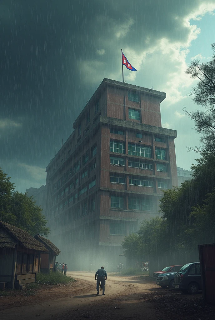 Building of Makwanpur multiple college with national flag of Nepal while raining and hailstrom ,lots of wind with full of dust and small light of life