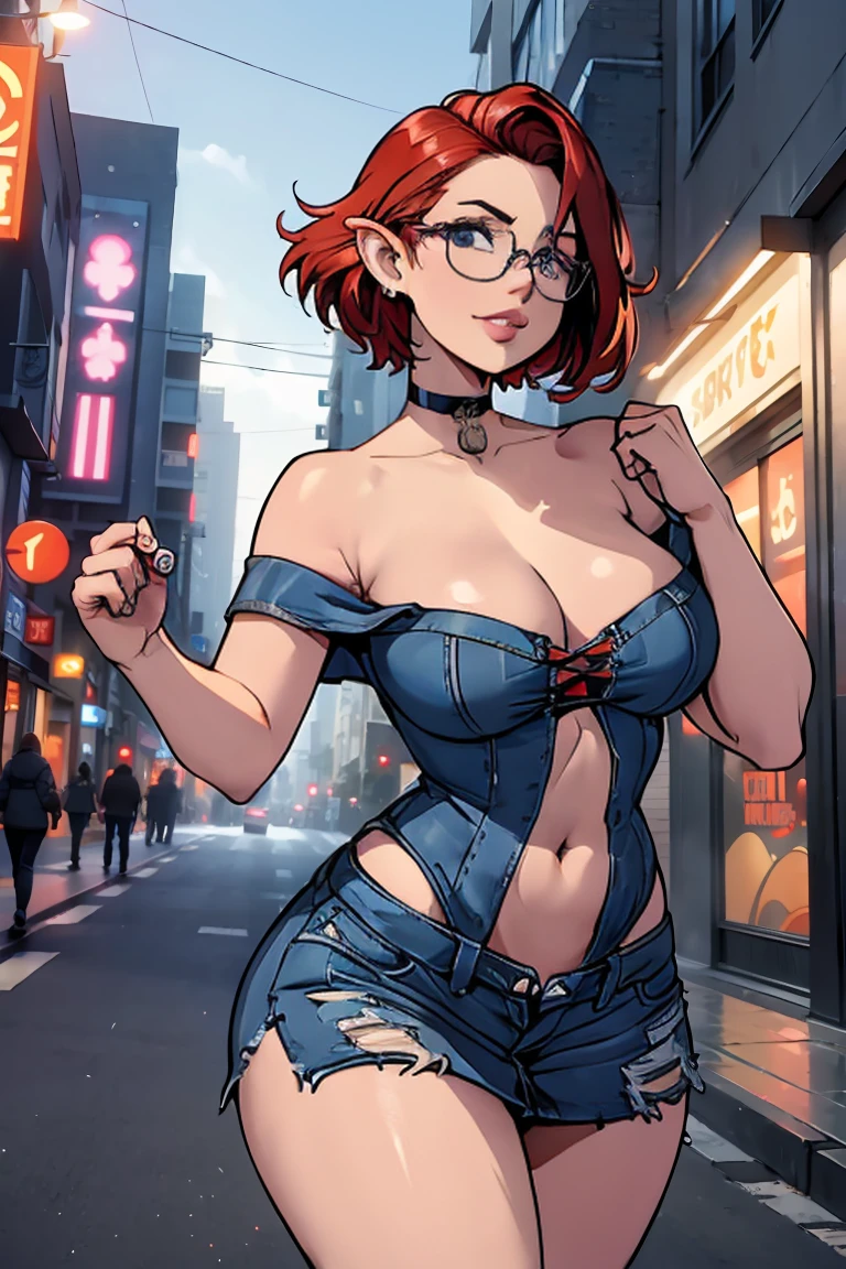 1girl, beautiful elf woman, ((Short Red Hair, Straight, has shine)) Blue eyes, double eyelids, light effect on eyes, detailed irises, beautiful curvy body, glasses, ((Blue Denim off the shoulder Sleeveless Strapless dress covering chest)), black choker, ((tiny blue denim mini skirt)), black high heels, ((Work of art, hyper-realistic, hyper detailed, Best Quality, 16k, light and shadow on skin, vivid colors)), ((Walking down the city street at night: 1.5)), ((Hands behind head: 1.5, Hand resting on stomach: 1.5)) Lustful Expression, perfect lips, sexy mature face, lots of freckles all over body, full pouty lips, extreme blush, sensual smile, ((Night)), moonlit sky, Flirting with viewer, Flirty Lewd Smile, ((Large Breasts: 1.0)) ((Full Side View))
