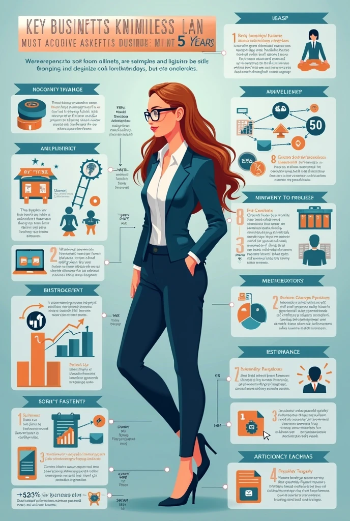 make a graphic plan of a knowledge a business woman must aquire 5 years from now such as Business Management, Business organization, business principle, and business operations.
