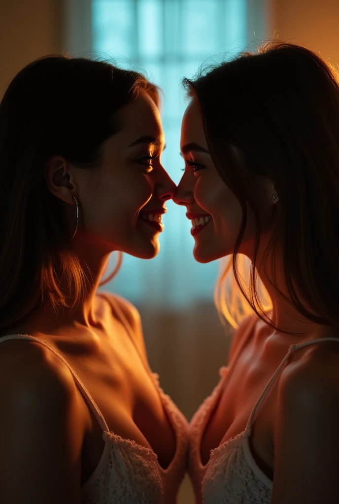 A 20-year-old girl meets her own clone。beautiful love、Lesbian、Dark Room、Cinematic lighting、close、With a smile、((masterpiece))、(
