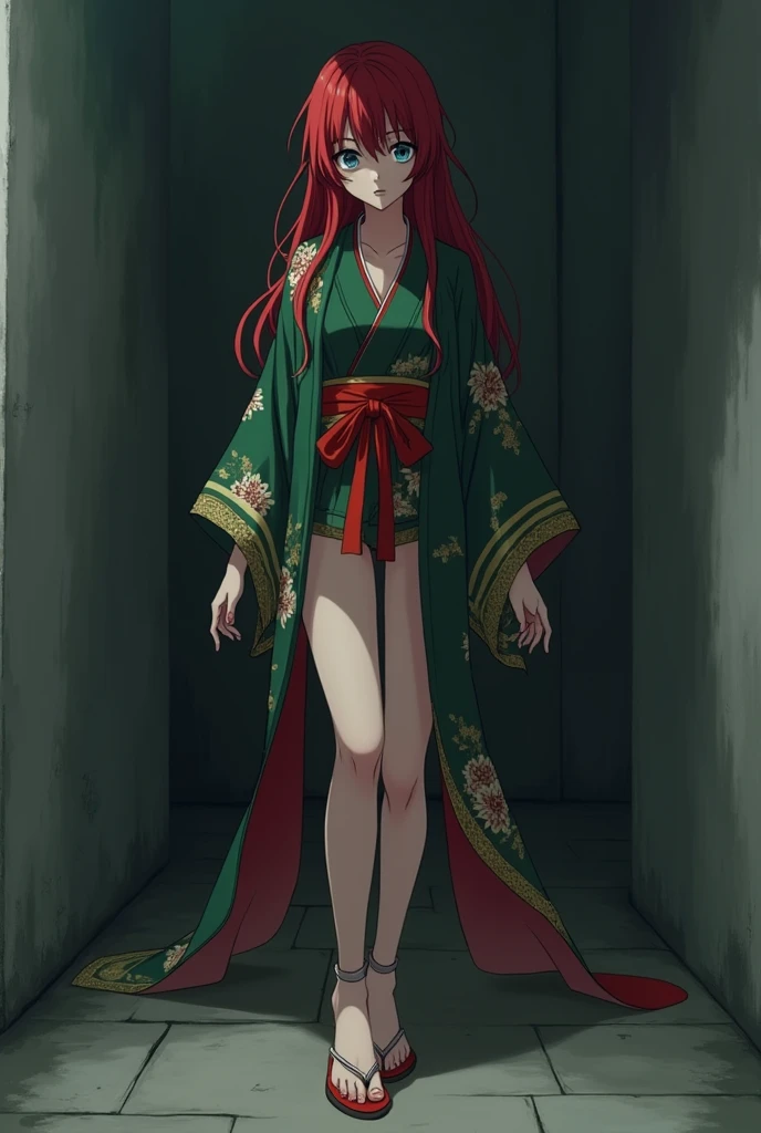 The image is anime style with shadows and dim lights, anime style although somewhat adult and dark, It shows a 40-year-old adult woman with blue eyes and wearing a beautiful oversized green and red yukata.; He also wears sandals. She has very long and loose hair., dark red, with a face that shows malice, She has beautiful feet. The background of the image is a grey wall. She is a psychopath