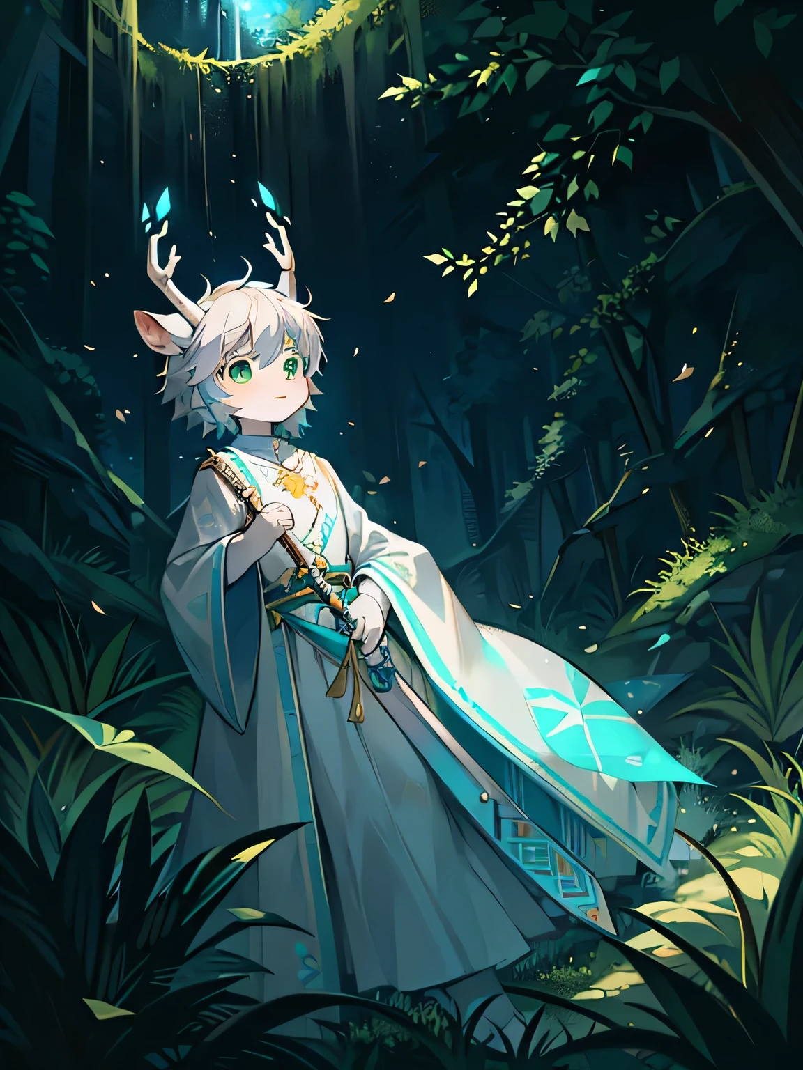 A white deer,Green Eyes,In the jungle,Blue long sword,Scabbard,forest,Falling leaves,White robe,Flowing robe,Sky full of leaves,cute,Sword at waist,Cyan decoration,Knights,White hair,magic,Practicing,Martial Arts,master
