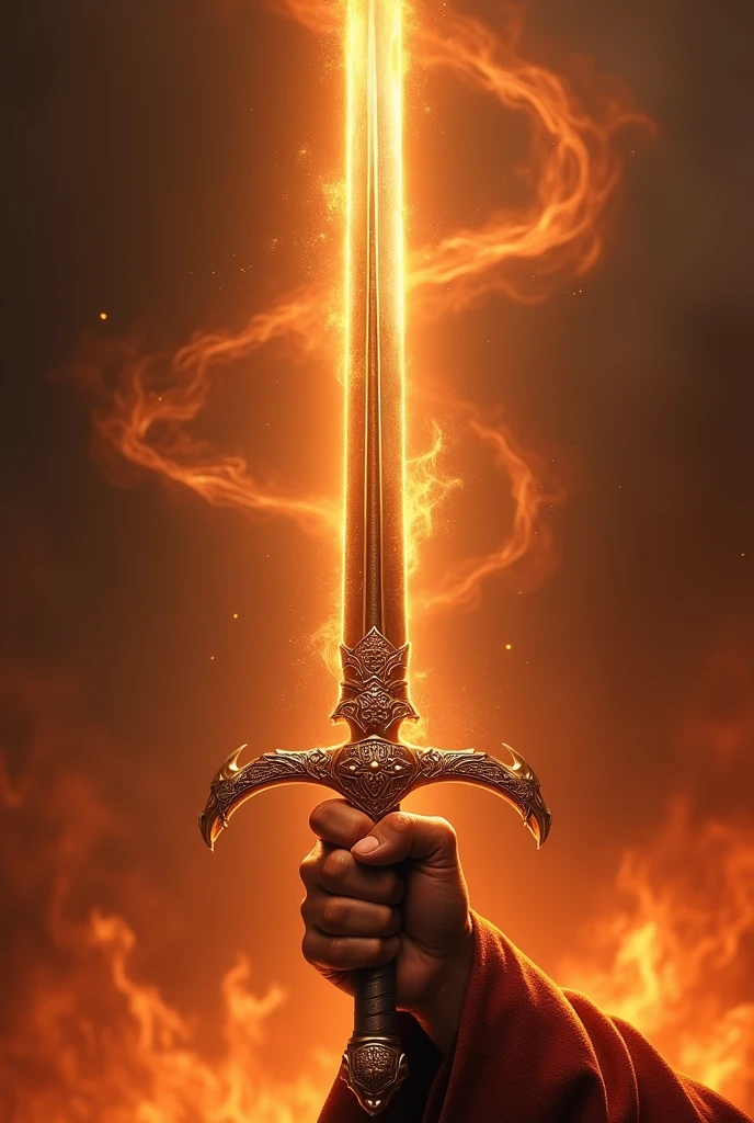 a hand holding a sword upwards representing a phoenix bird