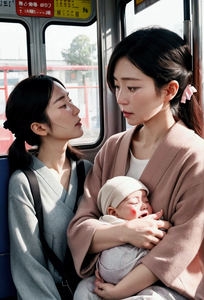Japanese mother and baby crying on bus