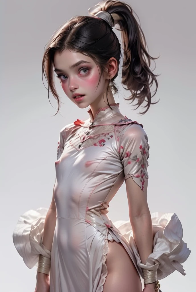 ((best quality)), ((masterpiece)), (detailed), perfect face (((masterpiece, of the highest quality, super detailed))), hand drawn style, hand painted style, watercolour, sketch, a knight, white background, plain background, Bloodborne inspired, tatty Bloodborne attire, occult aesthetic, occult, tatty red and white clothing detailed and intricate steampunk and detailed gothic ta (with a hood), long coat, Complex laced boots, Fluttering lace flared long knee length dress with frilly petticoats, long dress, knee length dress, pleated petticoats, loliress, petticoats gothic lolita aetic, beautiful small breasts, (((flat chest:1.1))), (narrow hips), (((( Highly detailed face))), small thin nose, Small thin lips mouth, (((Very sharp focused eyes))), Very large slit precision pale grey eyes that shine like jewels. (looking here), (resolved expression), (resolute expression), ((dark hair)), ((long ponytail, thick ponytail, heavy ponytail)), very long eyelashes, white background, Very dramatic and cinematic lighting, tatty damaged old red and white clothing, full body, whole body, body, ((NSFW))
