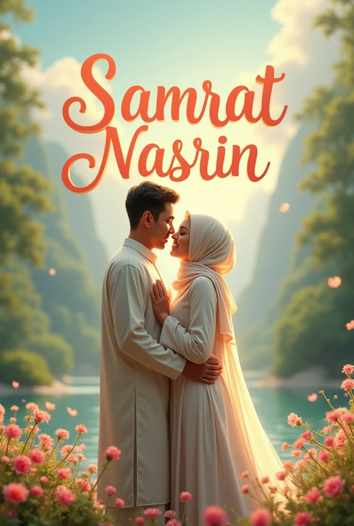 make a ai picture about this prompt "a Muslim couple standing in a background where write their name , name of their are 'Samrat' 'Nasrin'