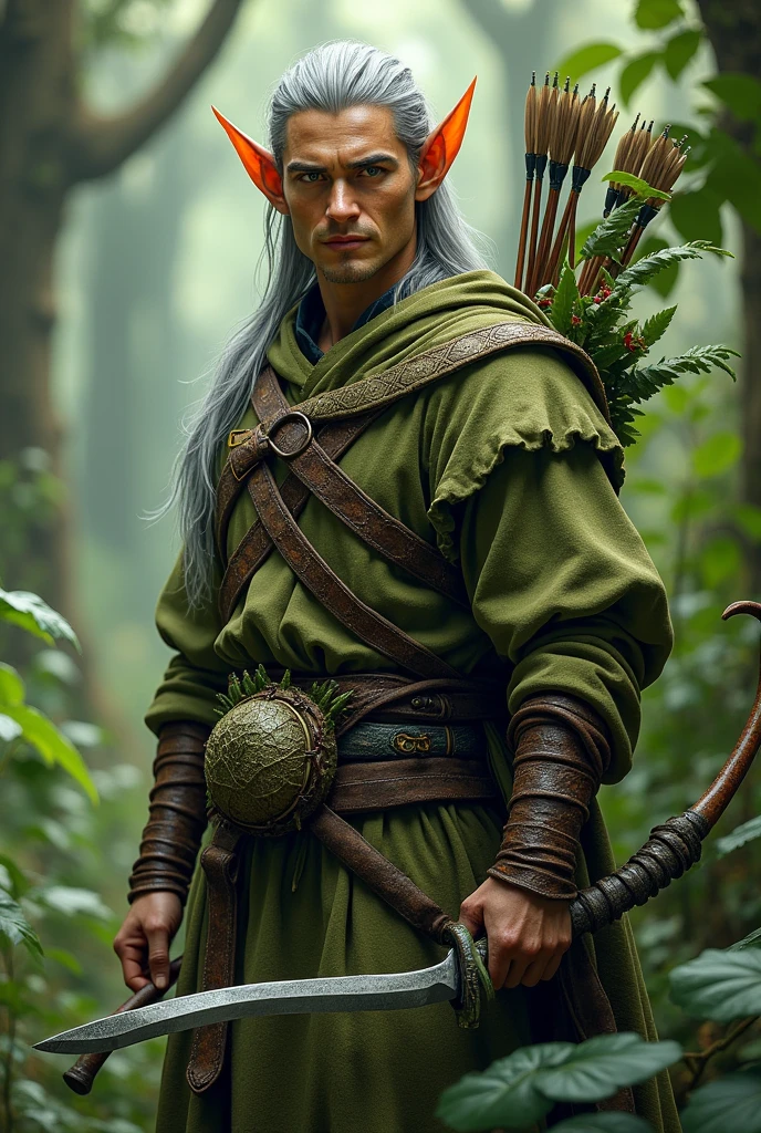 A nature elf of medium height with greenish copper skin., golden eyes and gray hair carrying a scimitar in his right hand and a bow and arrow on his back, wearing medieval cloth clothes with a nature mask at his waist