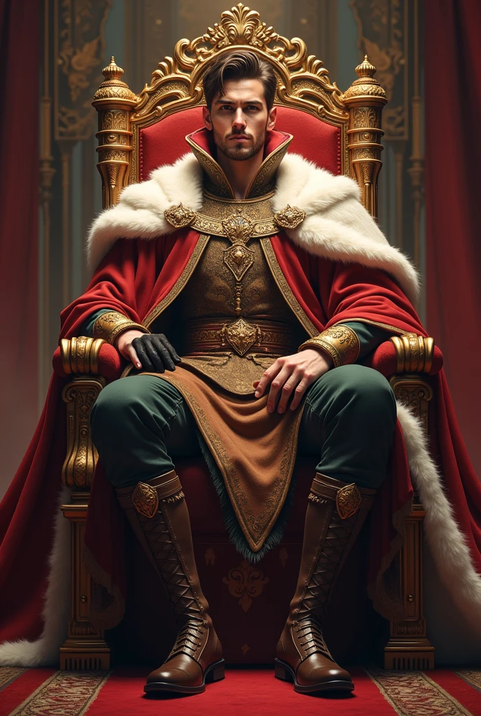 King sitting on a throne, interior of futuristic ship, Interstellar. 8k, extraterrestrial, gold on the wall