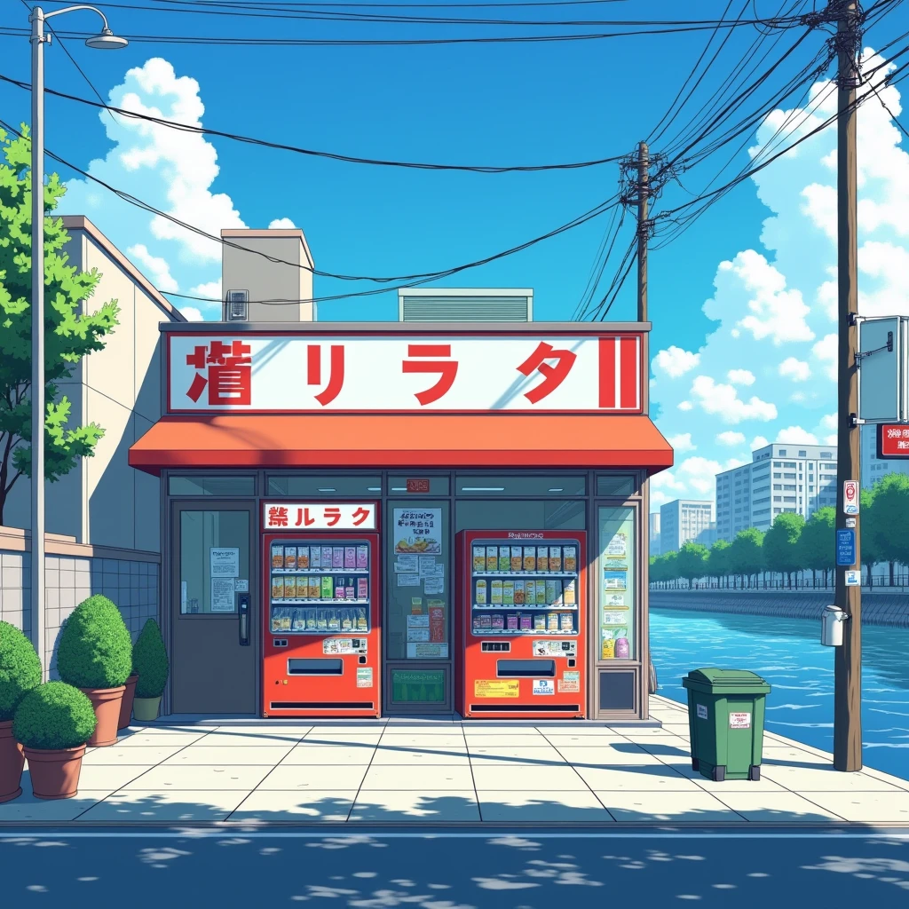 ((modern tokyo convenience store with a big vending machine outside: 1.3)) , ((camera facing the front of the store:1.2)), ((next to a river: 1.2)), detailed anime artwork, urban, tokyo anime scene, ((bright blue sky: 1.0)), extra detailed, very detailed, japanese shop banners, plant pots, trash cans, anime style, anime, lofi, lofi vibe, ((best quality:1.5)), ((masterpiece:1.5)), ((highly detailed:1.3)), ((anime aesthetic:1.2)), ((no one: 1.2)), ((no people: 1.2))
