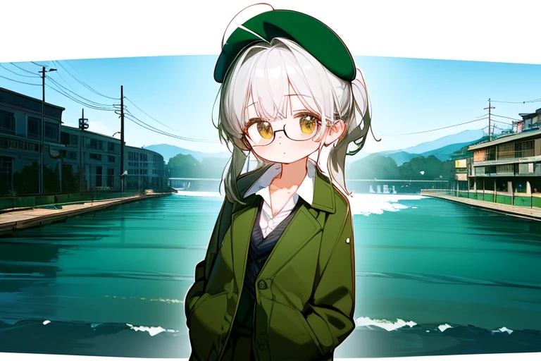 (highest quality，masterpiece:1.3)，((1 cute girl:1.2))，(:1.2),expressive 目s, Perfect Face，Brown eyes，dark green beret,White hair,long ahoge,Round Glasses Black，retro city background,Brown tie,brown skirt,Dark green jacket,Low Perspective，Wet shirt，amount, open amount