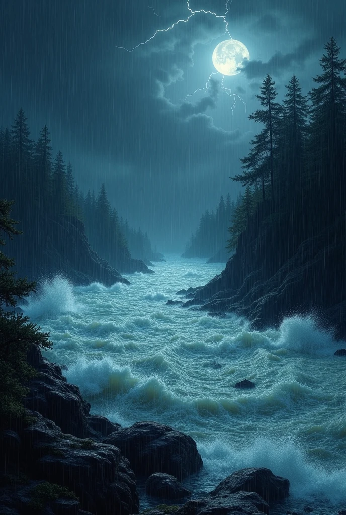 Havey rainy The water of river was in great turmoil, a scene of a dark night