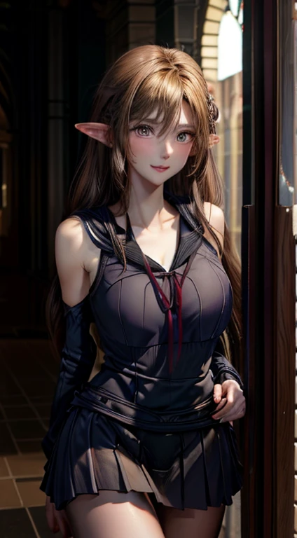(masterpiece:1.3), High resolution, Very detailed, Highly detailed CG Unity 8k wallpaper, Realistic, photo-Realistic, Raw photo, Beautiful and dense face, Pale skin, Realistic glistening skin, Fine cloth texture, Detailed hair texture, Perfect body, Beautiful Face, Accurate, Anatomically correct, Highly detailed face and skin texture, Natural neck length, (Beautiful Hands), (Fair skin:1.2), Thin legs, Thin legs, break, Fine grain, Symmetrical eyes, Light brown eyes, double eyelid, Thin eyebrows, (Glossy lips:1.4), (Smiling Kindly:1.2), break, (NSFW:1.1), (Elegant and cute girl:1.3), (1 girl), (Medium sized big breasts, Slender figure, Firm chest:1.1), Beautiful clavicle, (Blonde Hair, Wavy Hair, Long Hair:1.2), ((Asymmetrical bangs:1.2)), (((Elf))),((Sailor suit,school uniform)),(Shopping Street)