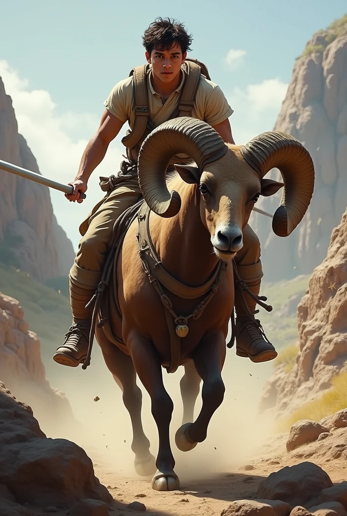 A young man riding a horned ram