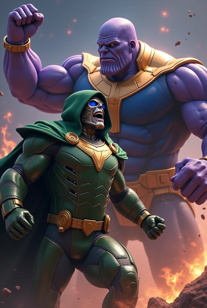 RDJ in outfit of dr doom fighting against thanos
