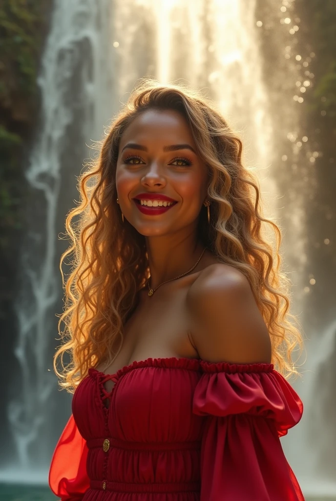 Toffee color skin, beautiful toffee mixed woman with long blond curly hair and extremely detailled clear yellow eyes, She is below the waterfall and smile, red bare shoulders dress with long puffy sleeves, red lipstick, beautiful waterfall, net of light, Ray of sunshine,