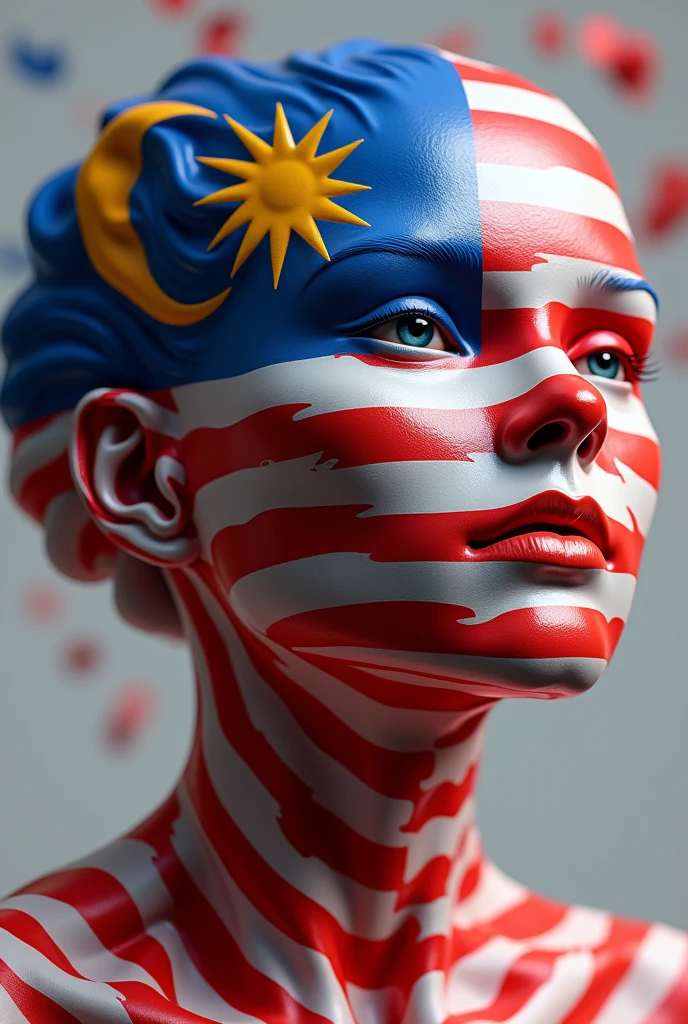 3d malaysian flag logo,repeated pattern,highly detailed,vibrant colors,realistic lighting,masterpiece,(best quality,4k,8k,highres,masterpiece:1.2),ultra-detailed,(realistic,photorealistic,photo-realistic:1.37),photorealistic,3D render,canvas,dynamic composition,studio lighting,physically-based rendering,extreme detail description,professional,vivid colors,bokeh. Human face underneath" perfect Malaysia flag