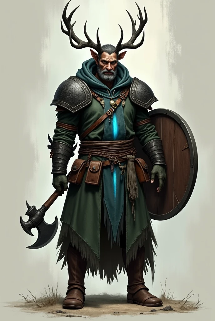 Create me a character for Dungeons and Dragons, a person in the role of a shaman. The character is 30 years, large, not quite as muscular, with a coat and a hood with deer antlers on the hood. No beard and a young face. In his hand an axe. Als Rüstung trägt er largee Schulter Platten aus Schwarzem Holz. Dazu ein largeer Schild in der linken Hand. With a dark green leather armor. On the chest a light blue stripe