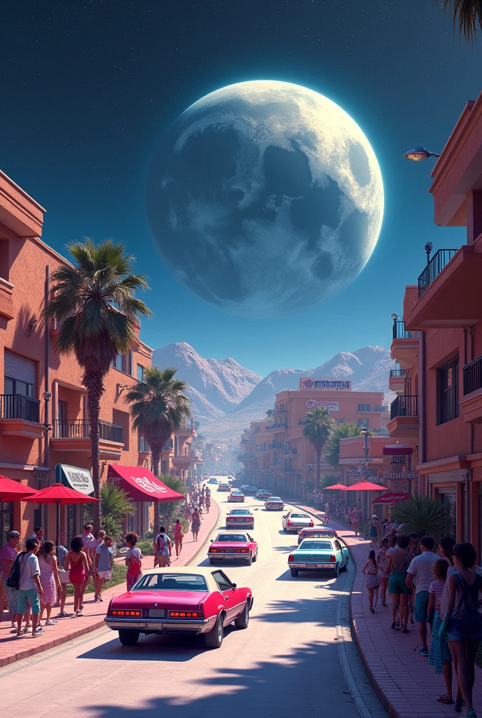 Planet Earth with a road in space going towards the moon and old cars passing by, with sidewalks on the side and people dressed in 80s clothes, Coca-Cola and Macdonald signs