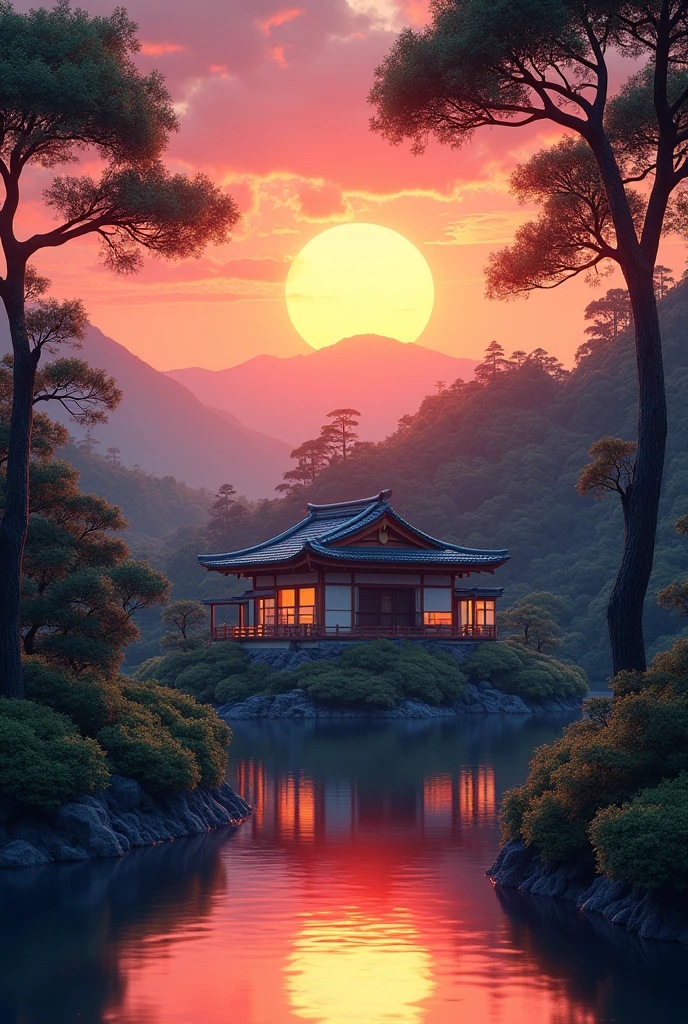 Japanese landscape, realistic rendering, traditional Japanese house in the background, sunset, vivid colors, 8K,