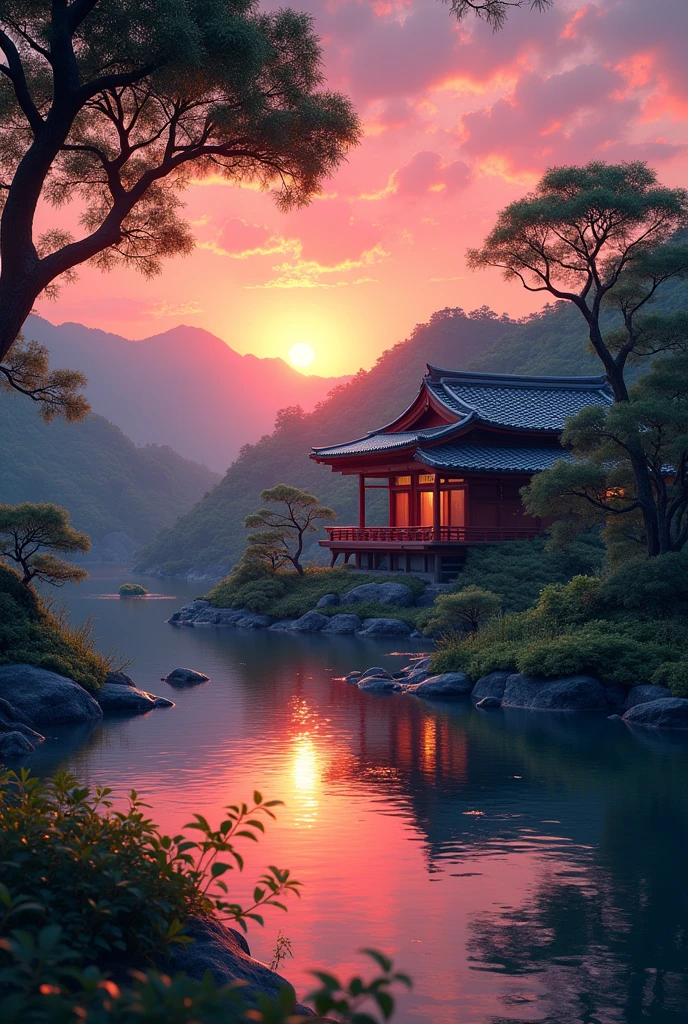 Japanese landscape, realistic rendering, traditional Japanese house in the background, sunset, vivid colors, 8K,