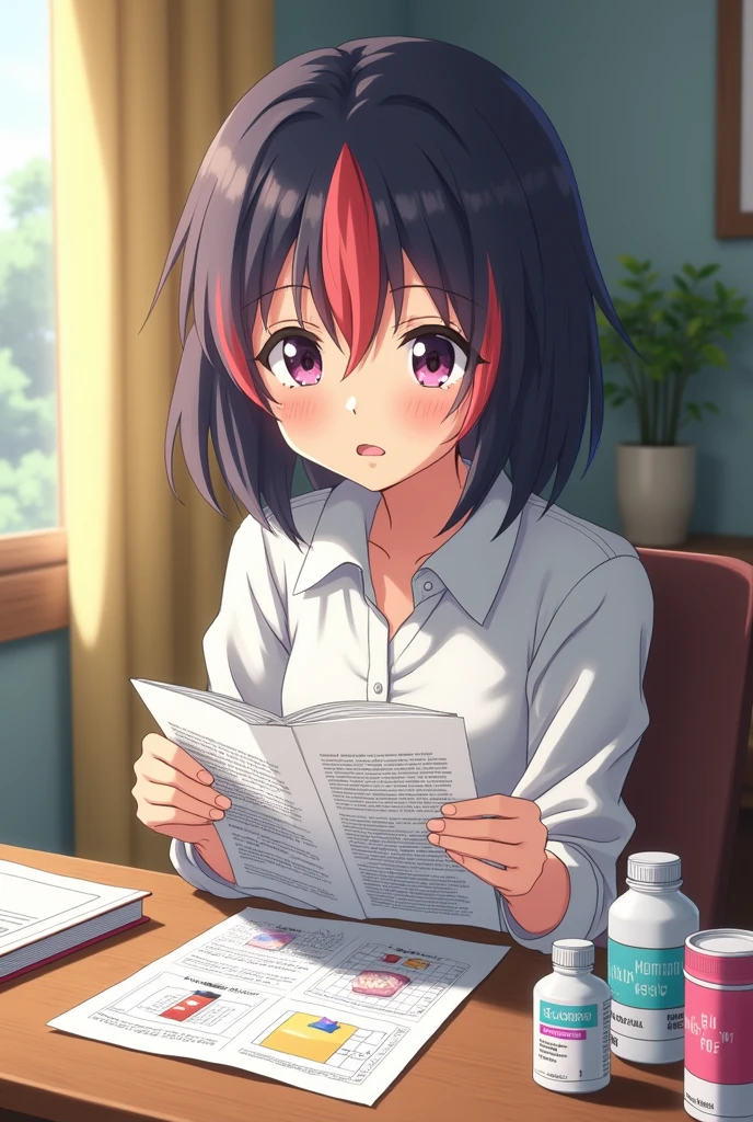 Create an anime teenager reading about a fake and real products article and he is comparing the fake and real medicine products that he has on the table