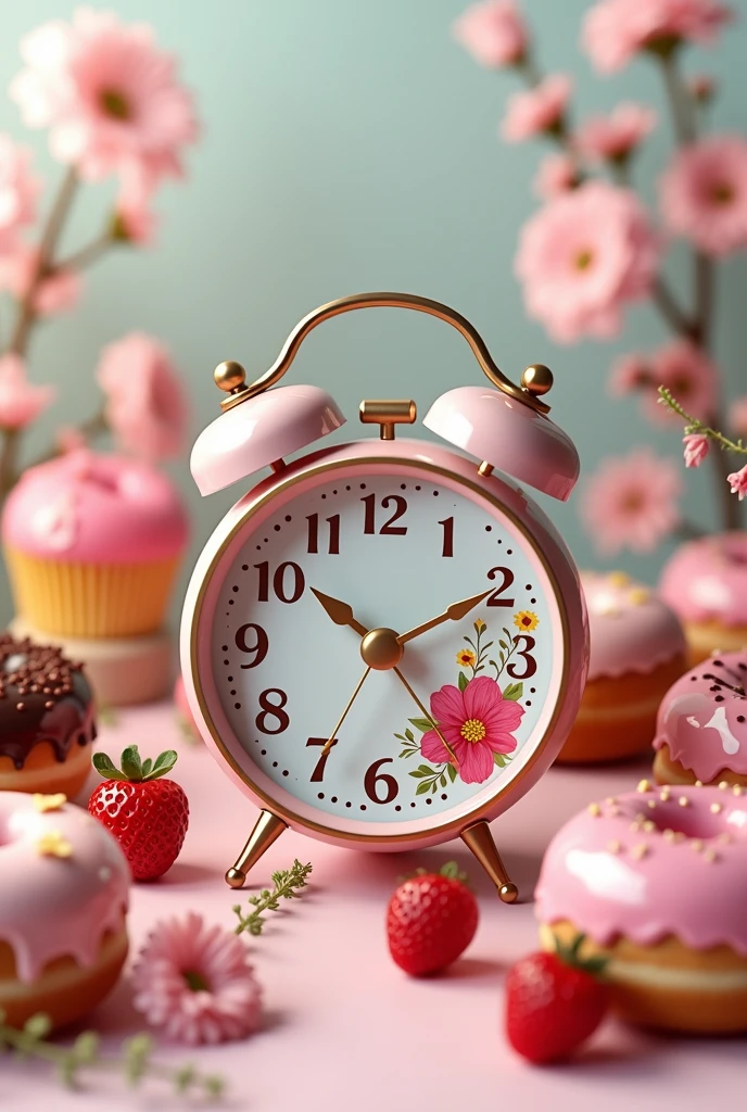 An alarm clock surrounded by cakes and berries is decorated with flowers and donuts in colorful glaze