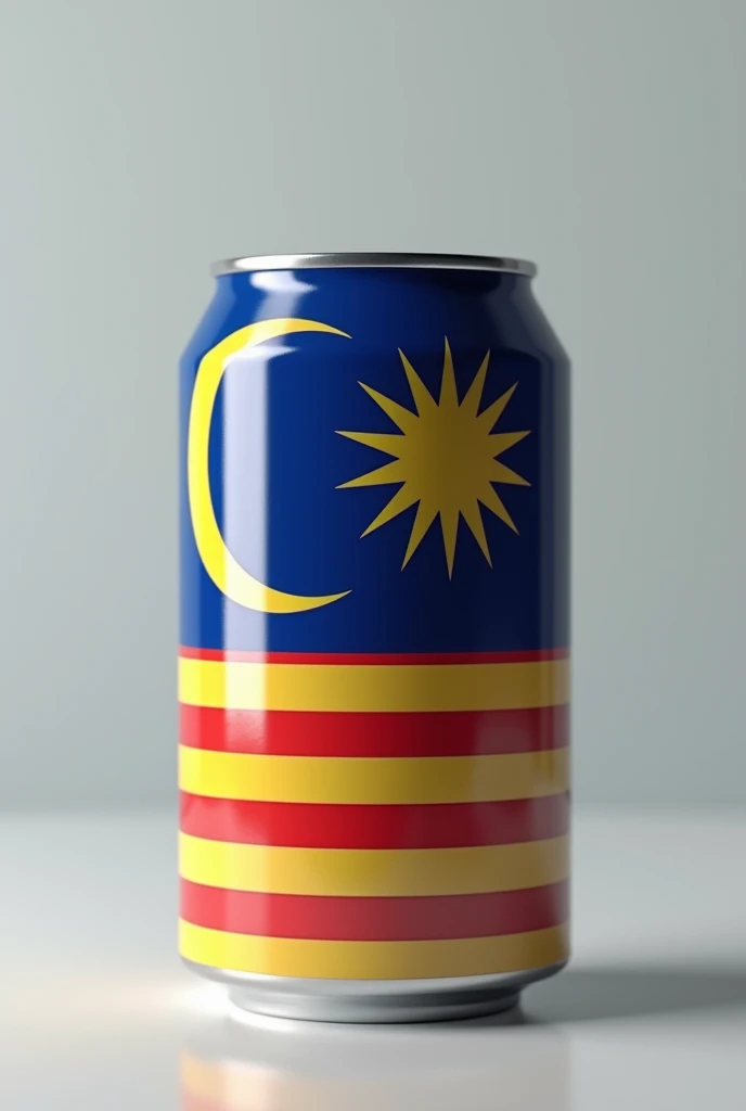 high quality 3d render of a malaysia flag printed on a tin can, highly detailed, photorealistic, studio lighting, glossy metal surface, vibrant colors, reflection, shadows, depth of field