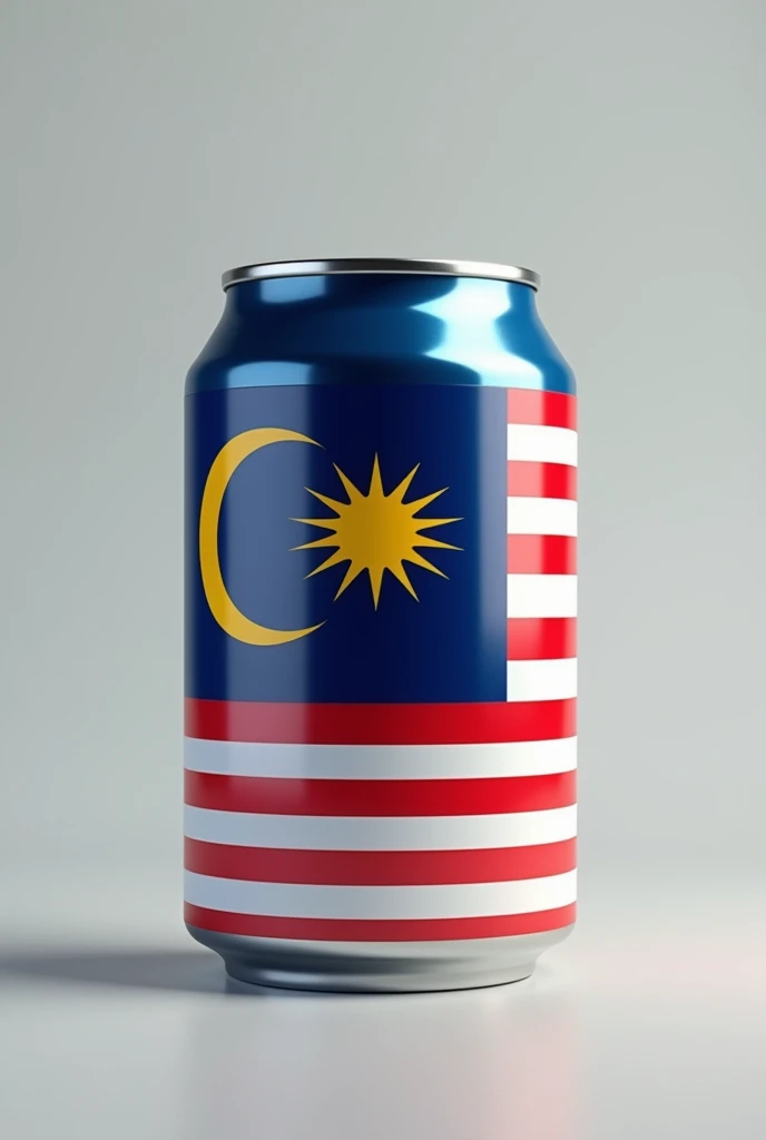 high quality 3d render of a malaysia flag printed on a tin can, highly detailed, photorealistic, studio lighting, glossy metal surface, vibrant colors, reflection, shadows, depth of field