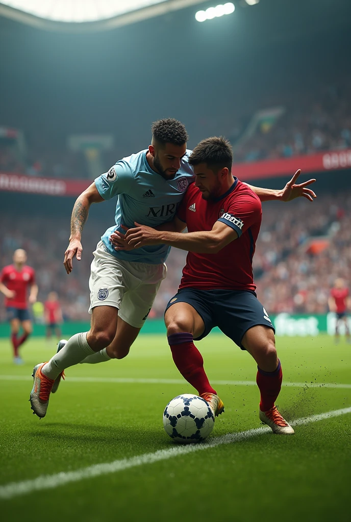 Football tournament player in ground whit fighting opposition player