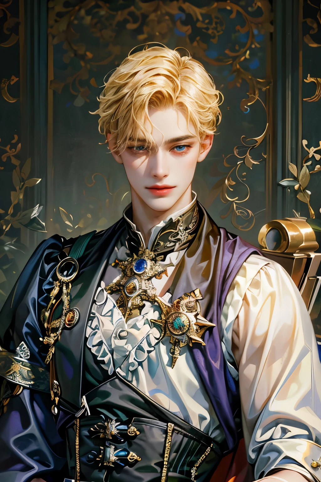 (masterpiece, top quality, best quality, beautiful and aesthetic:1.2), boy, handsome, extreme detailed faces, (fractal art:1.3), colorful, highest detailed, (perfect face), shiny skin, HDR, cantarella, detailed background , 1 person, 20 years old, 18th century European noblemen,Duke Heir,blond,blue eyes, hansome, confidence,Leadership,Thin lips,His eyes are sharp,white shirt,Narrow shoulders, Smile, Sharp eyes
