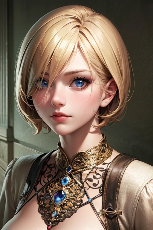 (masterpiece: 1.2, highest quality), Realistic, (Realistic Picture, Intricate details, Depth of written boundary), highest quality, masterpiece, Very detailed, Semi Realistic, 1 girl, Mature Woman, 2, Blonde Short Hair, The left eye is covered with hair, blue eyes, King's Clothes, Red Cape, Slim figure, A crown made of precious gold, Document reading and markup, Goose hair pen, Office Table, Soft bench