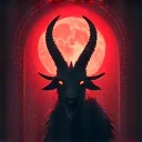 Flyer for metal event Dark cave with satanic pentagrams in the corners.
Small red moon that says Blood Moon Fest in black color Satanic Goat