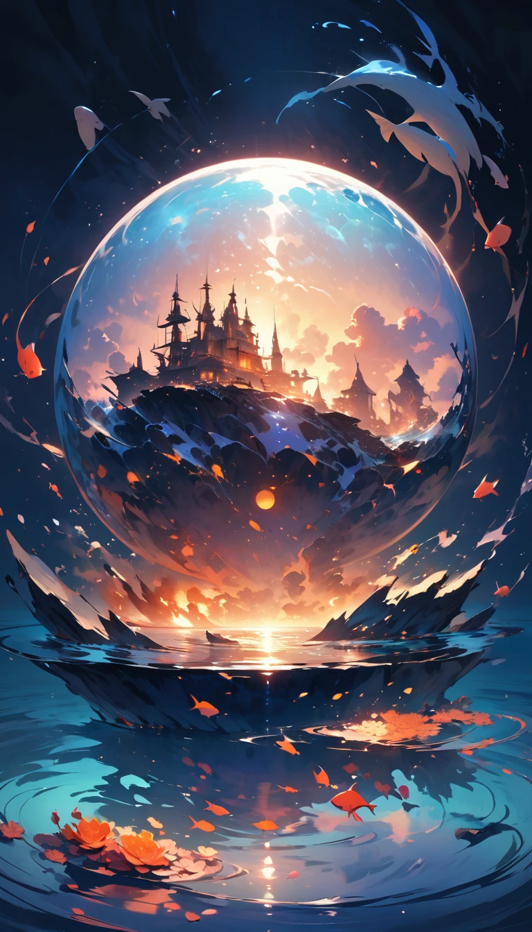 「A fantastic view of the deep sea。A transparent round sphere floats in the water.、A soft purple and orange gradation spreads around、Warm light shines through the water。Tiny bubbles float in the still water.、Gentle ripples are spreading。The overall atmosphere is calm and sleepy.、A silent deep sea scene with no people or living creatures present。」