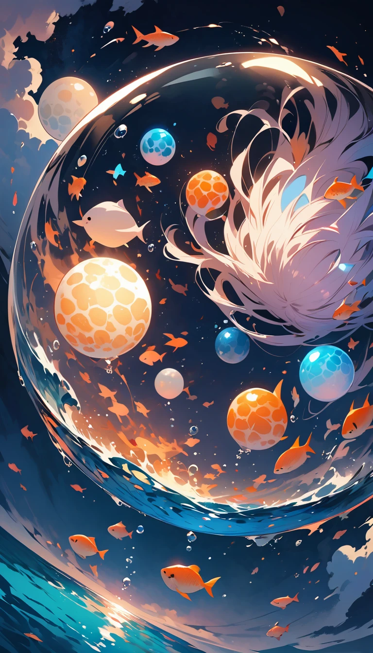 「A fantastic view of the deep sea。A transparent round sphere floats in the water.、A soft purple and orange gradation spreads around、Warm light shines through the water。Tiny bubbles float in the still water.、Gentle ripples are spreading。The overall atmosphere is calm and sleepy.、A silent deep sea scene with no people or living creatures present。」