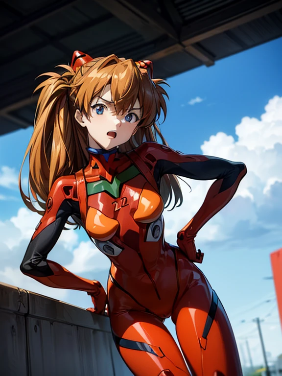 ultra-detailed, illustration, Adorable, Beautiful Face, Beautiful body, ((souryuu asuka langley, interface headset, red bodysuit:1.4, Orange-brown hair)), glowing eyes, Sparkling Eyes, (beautiful and detailed eyes:1.1), whole body, (((Raise left index finger to attention:1.4, Place the other hand on your hip, Attention gesture))), (Mouth open in a preachy tone:1.25), (Leaning forward), The background is NERV Headquarters, [[delicate fingers and hands:0.55]::0.85],(detail fingers), (Toon Shader Rendering), photo with an 85mm camera, ((masterpiece, best quality, high resolution)) 