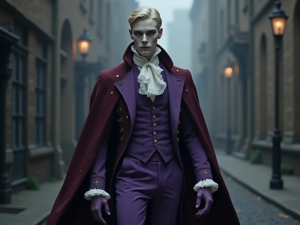 Pale and tall man, Apparently, 30-3. With light blond hair with a golden tint, Thin gray-blue eyes with dark purple eyeshadow and noticeably high cheekbones. His clothes are in Victorian style, old, Long dark burgundy jacket with lavender lining and gold pins on the folded cuffs. Under his jacket he wears a purple vest over a white frilly shirt.., Wearing classic purple trousers, In dark blue knee-high boots and gloves of the same color..

