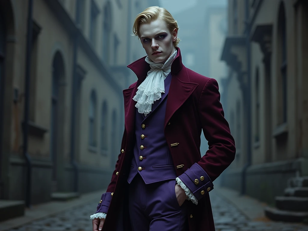 Pale and tall man, Apparently, 30-3. With light blond hair with a golden tint, Thin gray-blue eyes with dark purple eyeshadow and noticeably high cheekbones. His clothes are in Victorian style, old, Long dark burgundy jacket with lavender lining and gold pins on the folded cuffs. Under his jacket he wears a purple vest over a white frilly shirt.., Wearing classic purple trousers, In dark blue knee-high boots and gloves of the same color..
