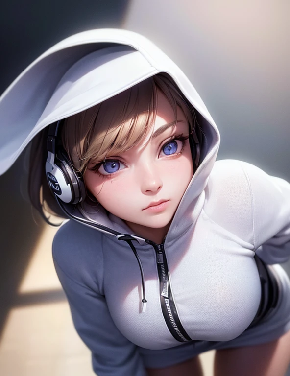 a girl in a white bunny hoodie, headphones, white and black sneakers, standing, full body shot, beautiful detailed eyes, beautiful detailed lips, extremely detailed face and eyes, long eyelashes, realistic, photorealistic, photo-realistic:1.37, (best quality,4k,8k,highres,masterpiece:1.2),ultra-detailed,(realistic,photorealistic,photo-realistic:1.37),HDR,UHD,studio lighting,ultra-fine painting,sharp focus,physically-based rendering,extreme detail description,professional,vivid colors,bokeh,portrait