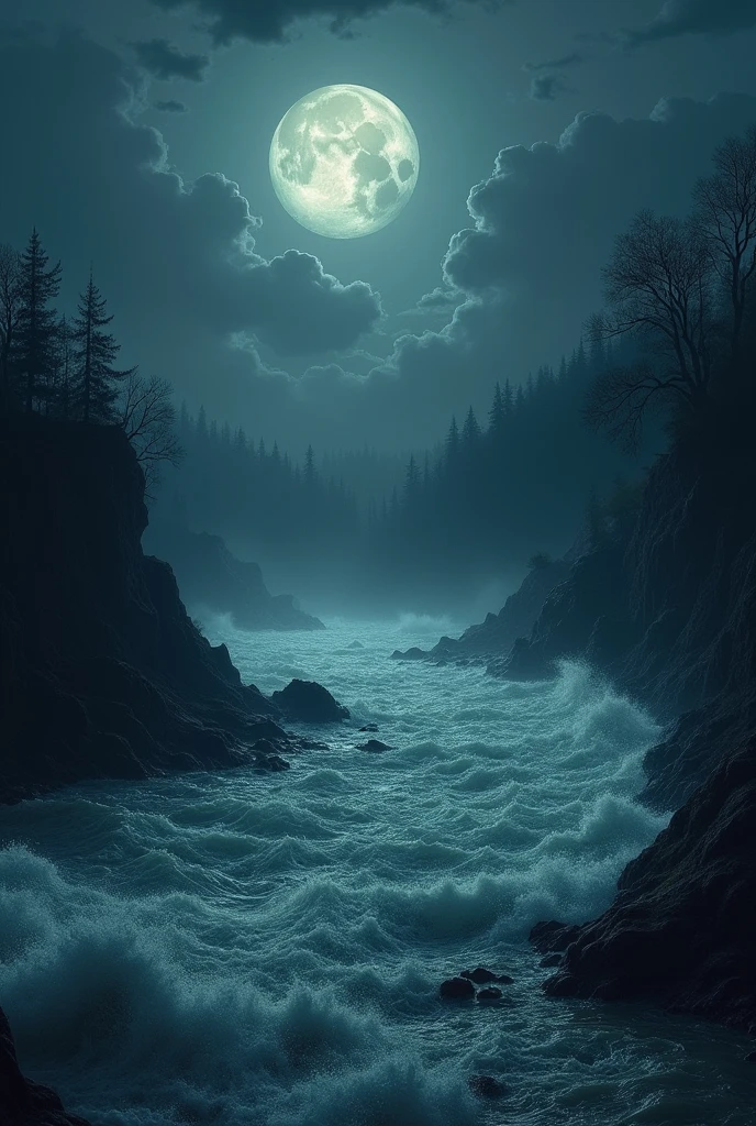 water of river was in great turmoil, a scene of a dark night