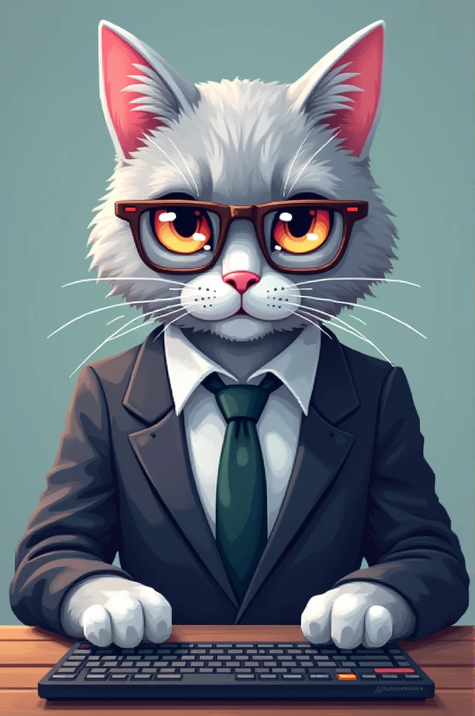 A silver proggrammer cat, wear glasses, make it pixellate