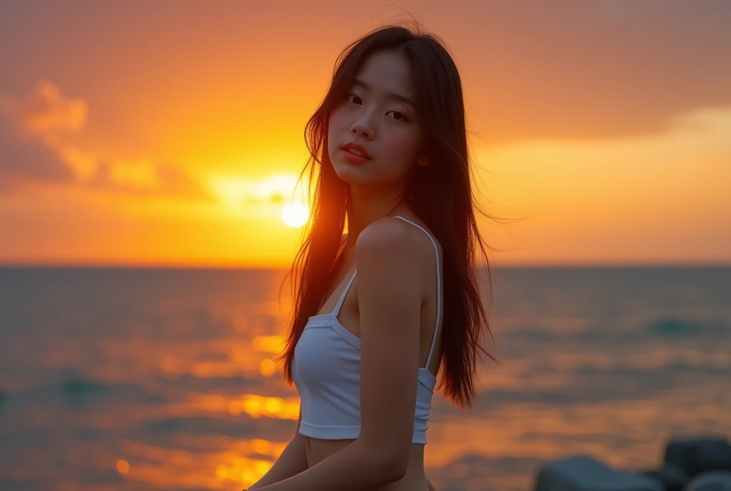 (masterpiece)), ((Highest quality)), ((Genuine)), ((8k)), One Japanese woman,(full body shot, wide shot, a front view, head, thighs, knee),、A vibrant sunset reflected on the calm sea, Female Profile, The contrast between the bright sky illuminated by the golden rays of the sun and the deep blue sea,Tank top、sexy、Japanese, 20-year-old, so beautiful, cute, model,thin, model, ソニー一眼レフphotograph, Long Hair,Center Part,, background Genuineistic, photograph,