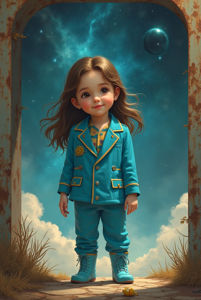 A young girl of about 2 with brown hair is dressed in a blue suit, like the stewardesses in the movie "The Fifth Element", full length, there is something cosmic in the background, but rusty-metal dirty