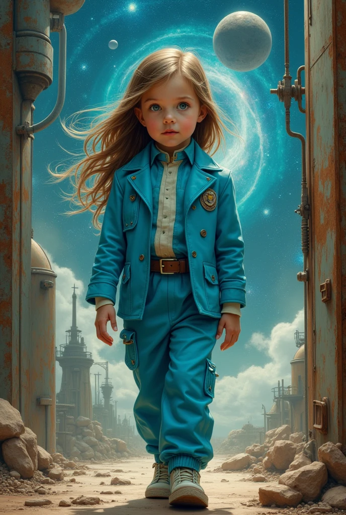 A young girl of about 2 with brown hair is dressed in a blue suit, like the stewardesses in the movie "The Fifth Element", full length, there is something cosmic in the background, but rusty-metal dirty