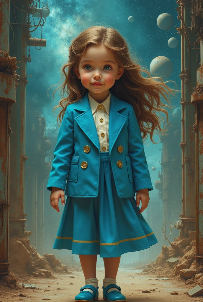 A young girl of about 2 with brown hair is dressed in a blue suit, like the stewardesses in the movie "The Fifth Element", full length, there is something cosmic in the background, but rusty-metal dirty