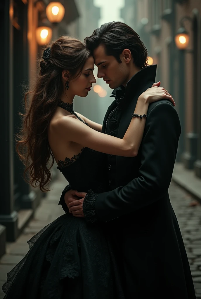 A Victorian couple, elegant, dark, Vampir, Hold each other tight, dark aesthetic, Vampire aesthetics, book cover aesthetic, Kings close, book, 1721, 1700, Vampir, dark, book cover, book aesthetic, love, in love, look at each other. dark romance, dark romance, dark background
Woman: Long hair, Curly, Brown hair, not much volume, English, dark dress, elegant, 23, 5'5 inch, dark romance
Mann: black hair, shorth hair, black colored clothes, adel, 24, Male characteristics, sharp jawline, green eyes, Welsh, 6'0 inches, enemies to lovers
