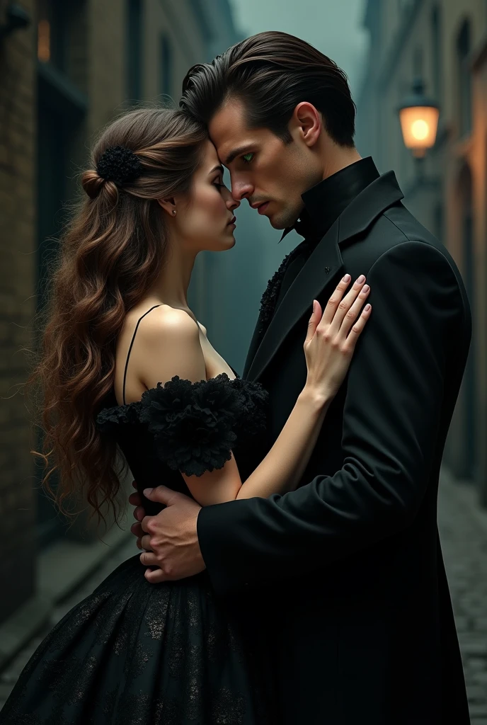 A Victorian couple, elegant, dark, Vampir, Hold each other tight, dark aesthetic, Vampire aesthetics, book cover aesthetic, Kings close, book, 1721, 1700, Vampir, dark, book cover, book aesthetic, love, in love, look at each other. dark romance, dark romance, dark background 

Woman: Long hair, Curly, Brown hair, not much volume, English, dark dress, elegant, 23, 5&#39;5 inch, dark romance

Mann: black hair, shorth hair, black colored clothes, adel, 24, Male characteristics, sharp jawline, green eyes, Welsh, 6&#39;0 inches, enemies to lovers