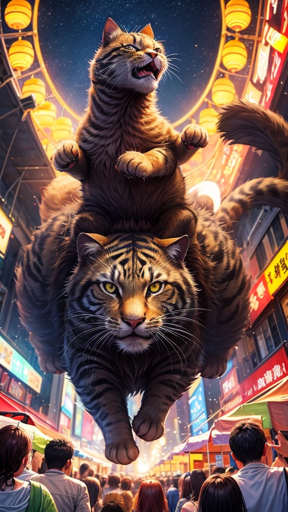 make me an HD quality picture, a giant cat, rampaging, in the middle of a crowd of people, at a night market, with a background of the ferris wheel