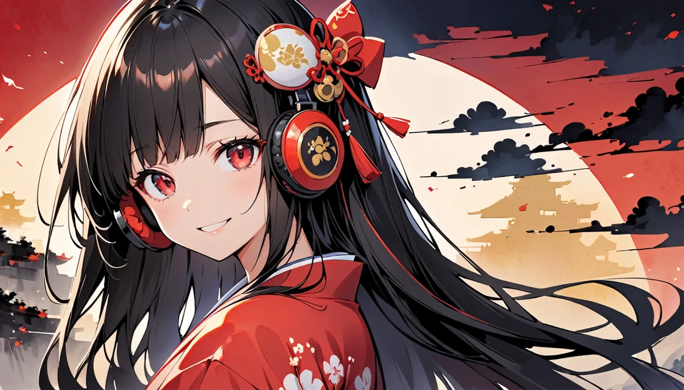 ((Ink Painting)), (((1 person))), (((gorgeous hair accessory))), Japanese style headphones, Face close-up, Beautiful Japan, Black Hair, smile, devil, Droopy eyes, Red eyes,Upper Body、(Japanese style background、sun)