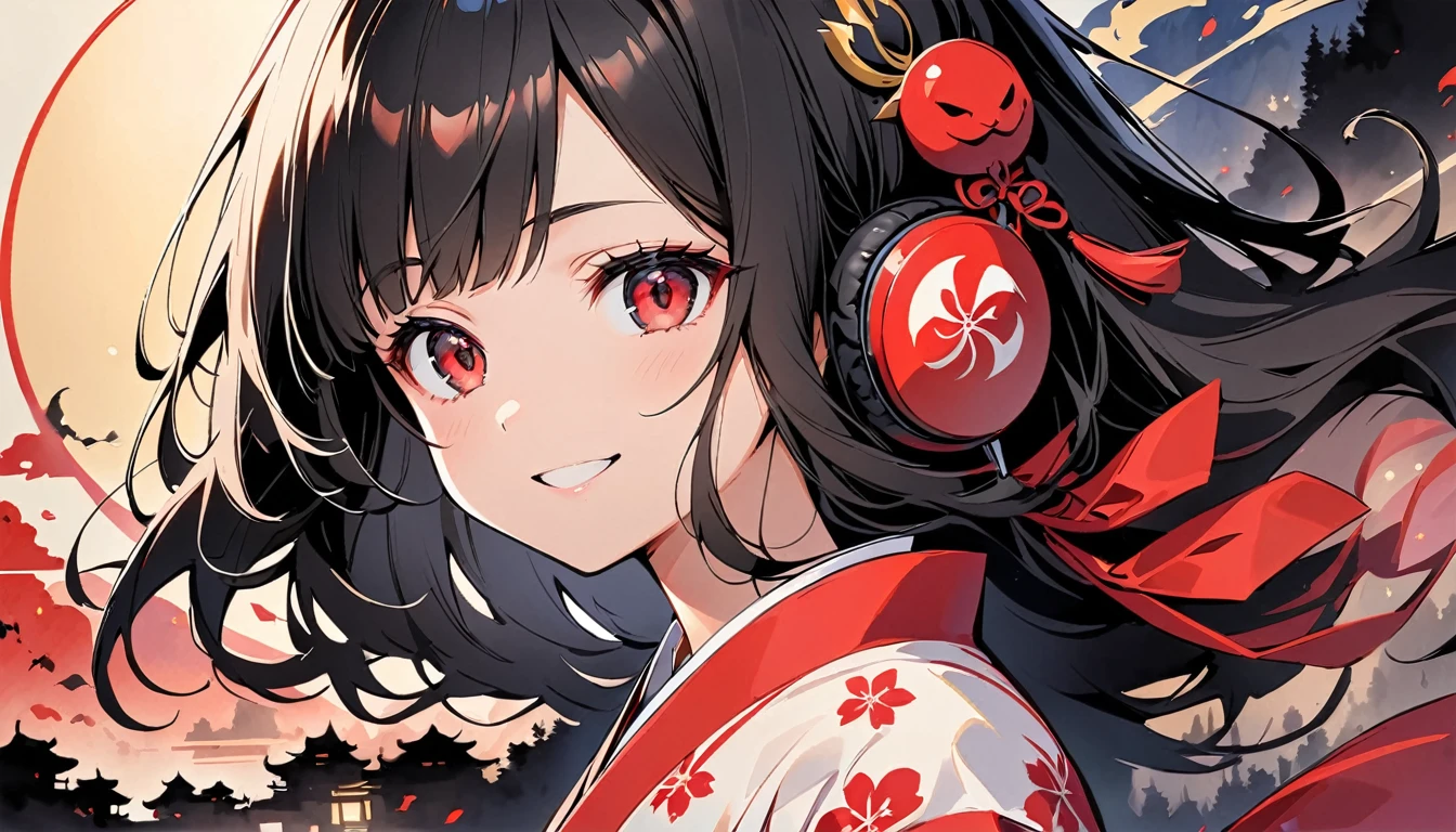((Ink Painting)), (((1 person))), (((gorgeous hair accessory))), Japanese style headphones, Face close-up, Beautiful Japan, Black Hair, smile, devil, Droopy eyes, Red eyes,Upper Body、(Japanese style background、sun)