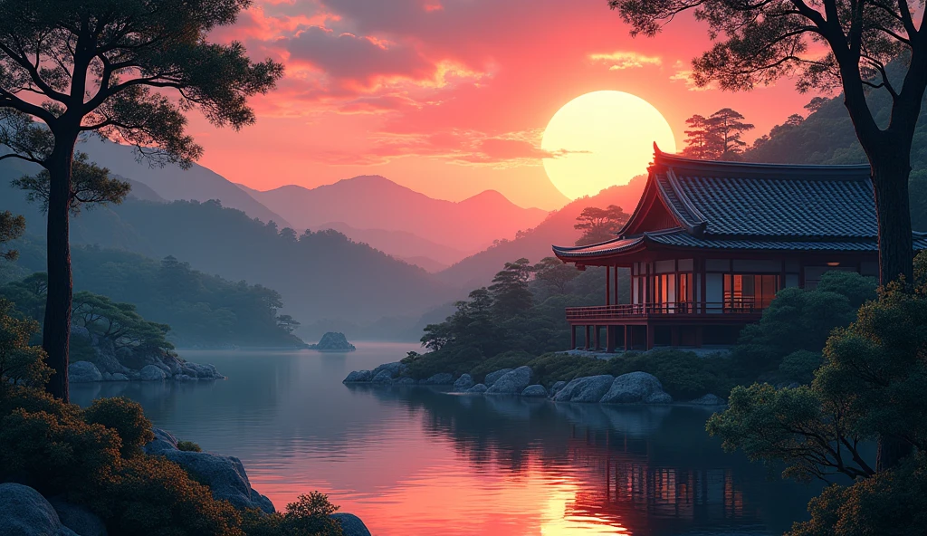 Japanese landscape, realistic rendering, traditional Japanese house in the background, sunset, vivid colors, 8K,